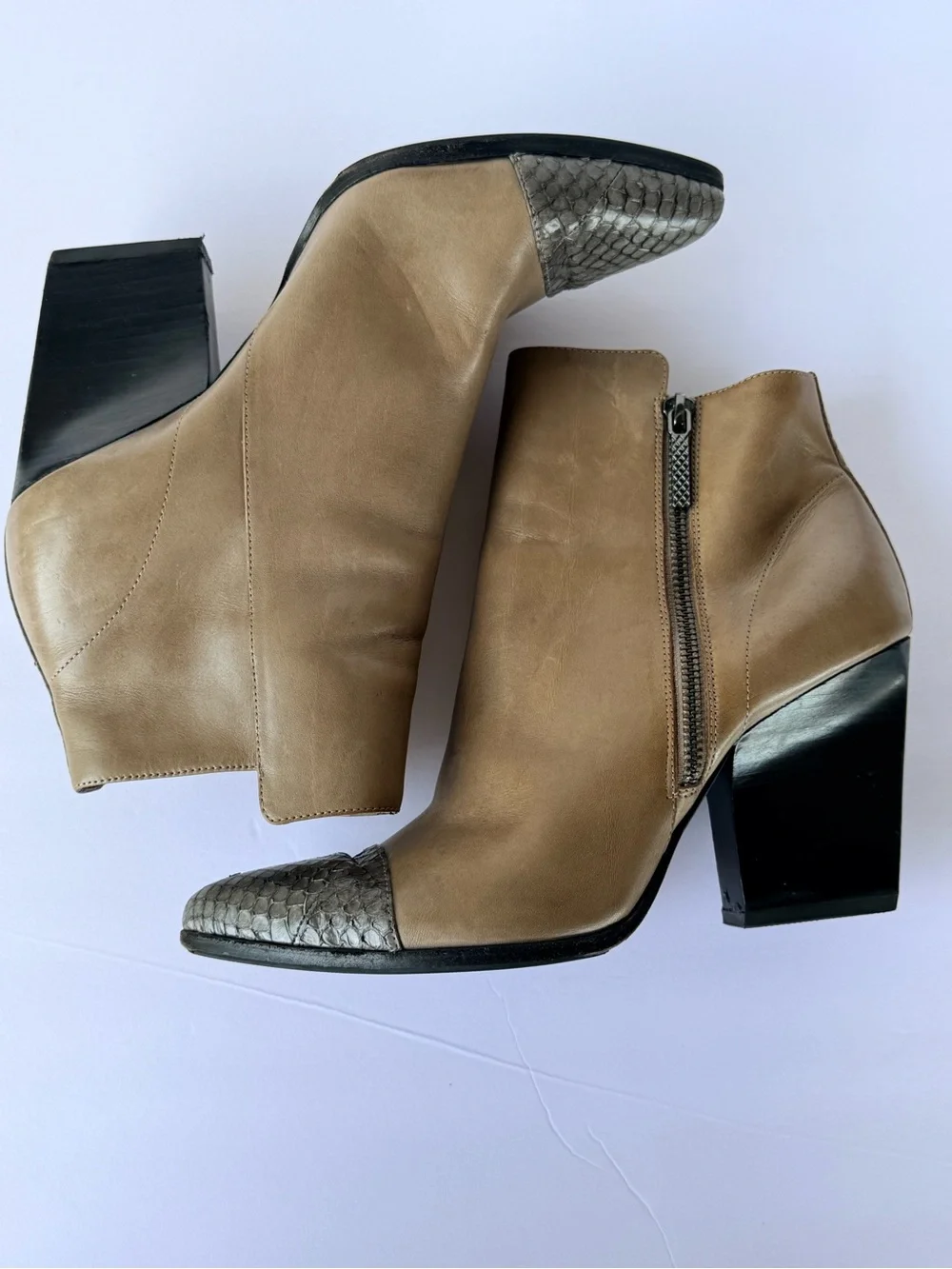 Donald J. Pliner Taupe Leather Ankle Boots with Gray Snake-Print Toe Caps